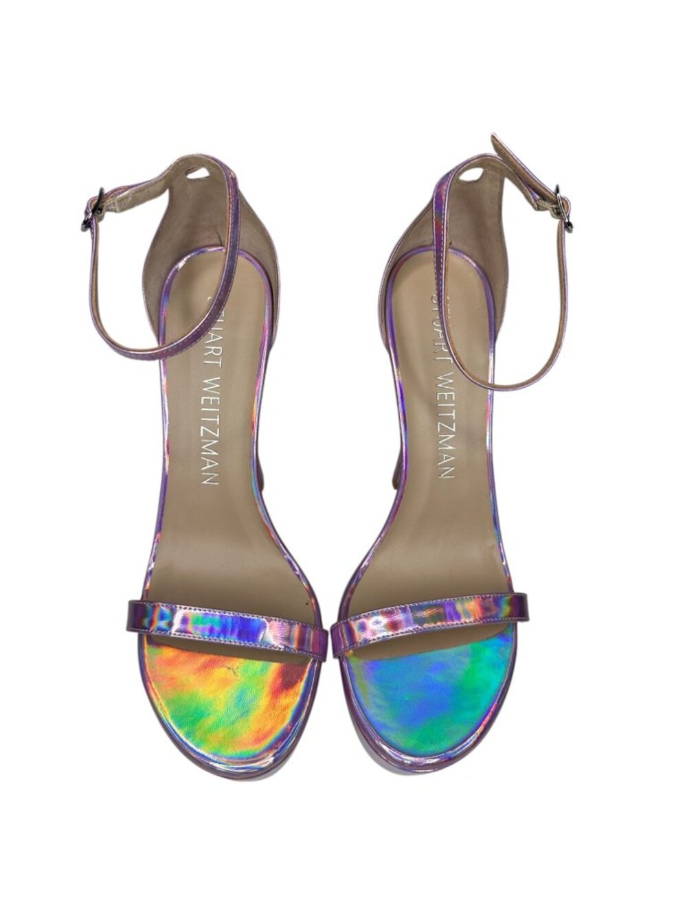 Stuart Weitzman Nudist Curve Platform Heels in Iridescent Pink. 10 - Picture 3 of 8
